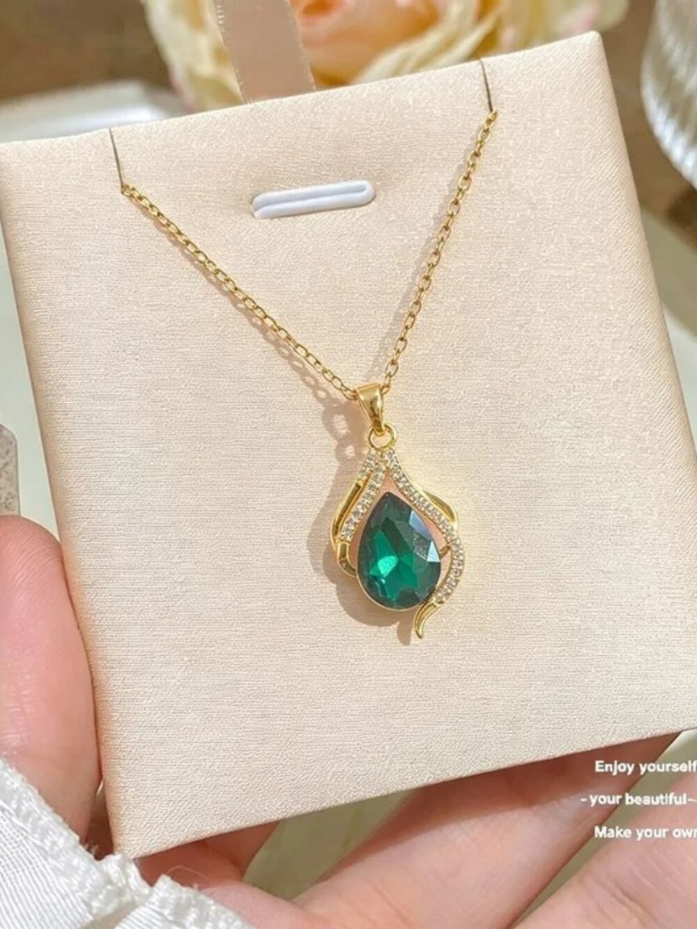 18K Gold Plated Emerald Green Teardrop Zircon Pendant Necklace